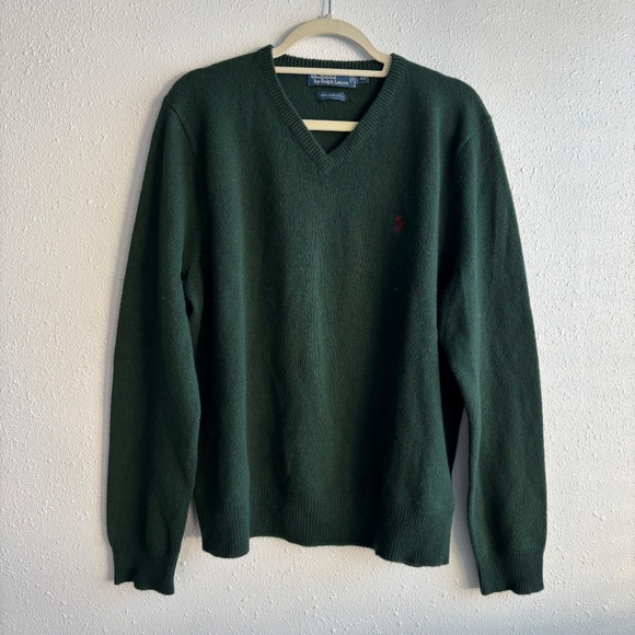 Polo Ralph Lauren Vintage Men's 100% Lambswool V Neck Green Sweater - Picture 1 of 5